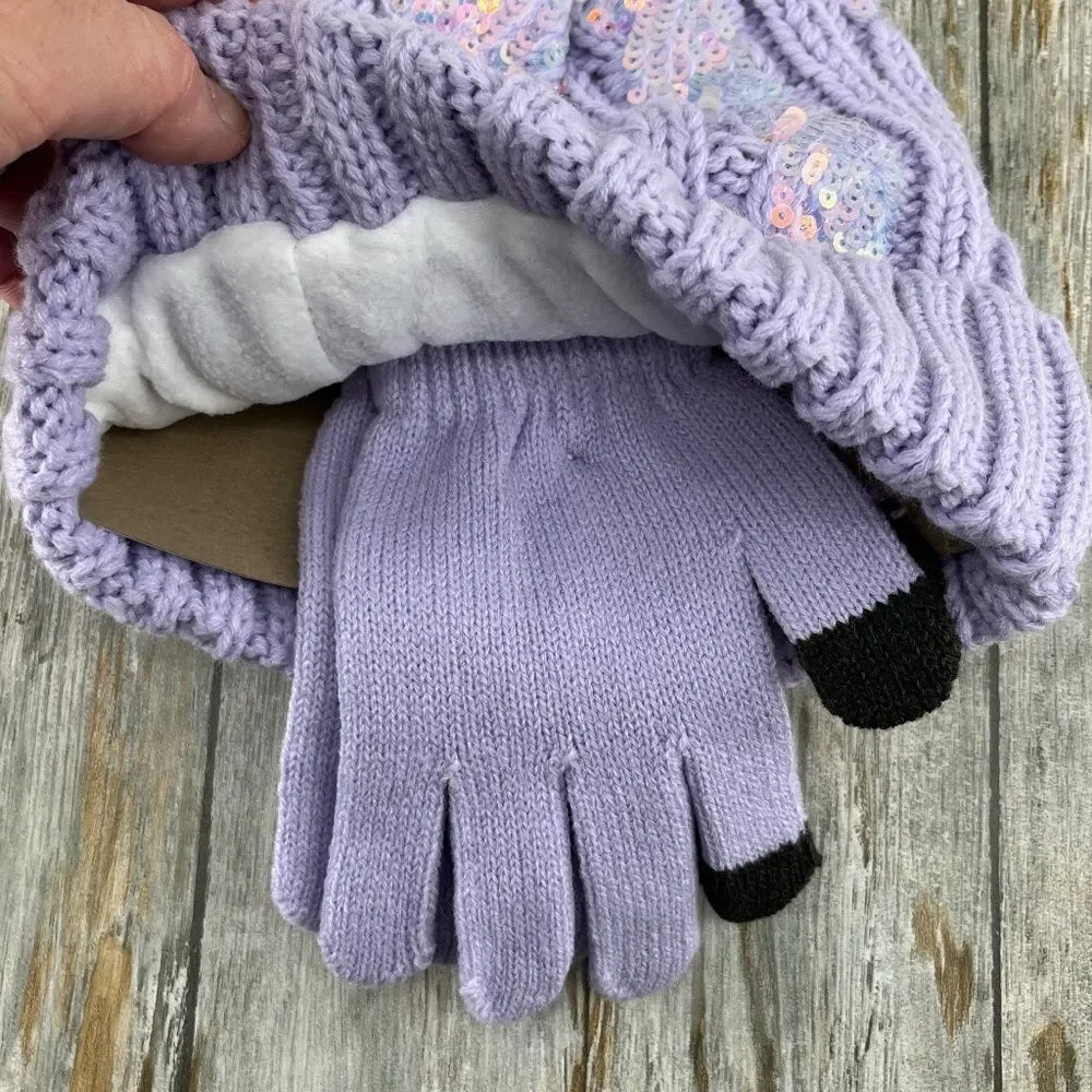 Girls Justice Sequin Cable Knit Hat and Gloves Set Pink 2-Pack
